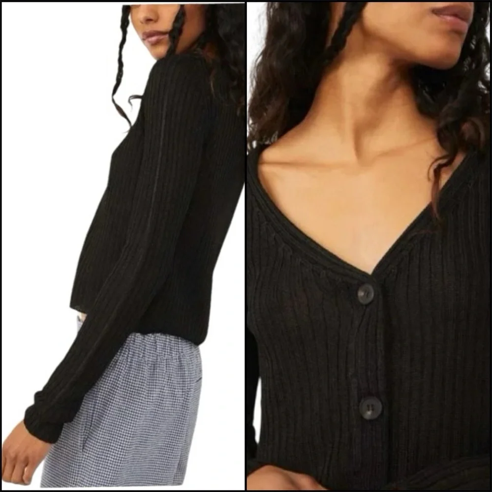 Free People‎ Game On Ribbed Cardigan Size XS Black Basic Staple Minimalist